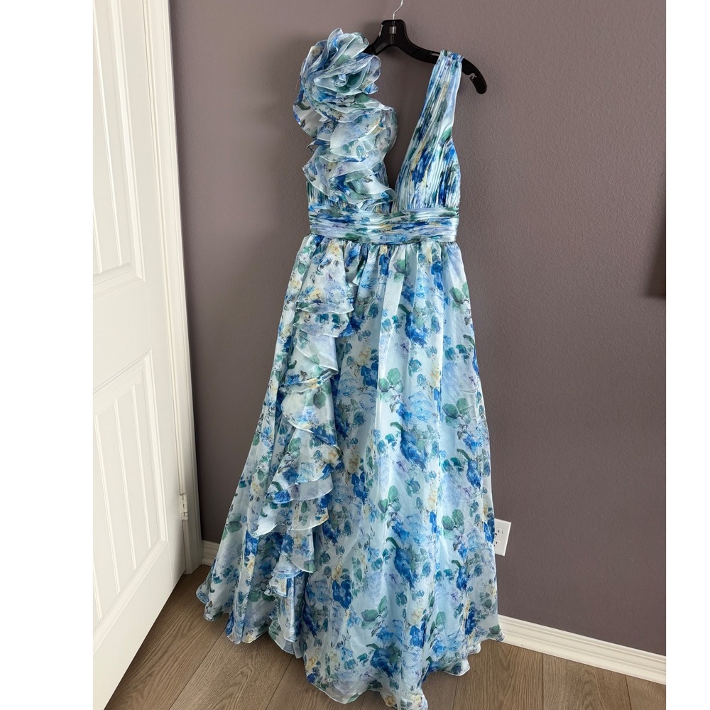 Mac Duggal Floral One Shoulder Ruffle Gown Blue Green Satin Evening Dress 10 NEW